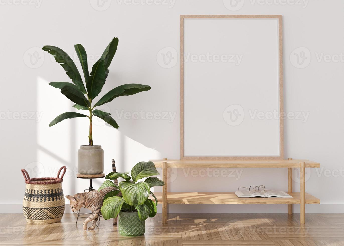 Empty vertical picture frame. Mock up interior in boho style. Free, copy space for picture or poster. Plants, rattan basket, cat. Close-up view. 3D rendering. photo
