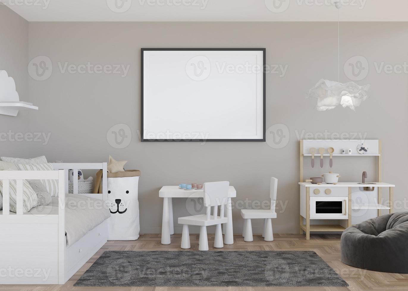 Empty horizontal picture frame on light gray wall in modern child room. Mock up interior in scandinavian style. Free, copy space for picture. Bed, toys. Cozy room for kids. 3D rendering. photo