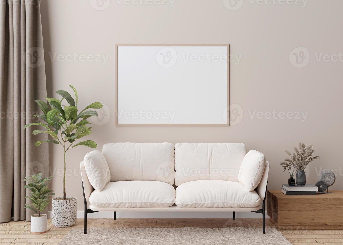 Empty horizontal picture frame on cream wall in modern living room. Mock up interior in scandinavian style. Free, copy space for your picture, poster. Sofa, table, dried grass, books. 3D rendering. photo