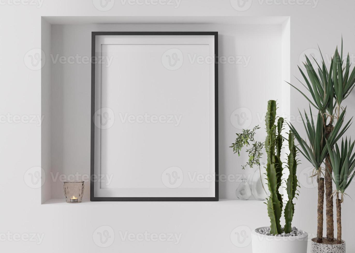 marco de imagen vertical vacío en la pared blanca en la sala de estar moderna. interior simulado en estilo escandinavo contemporáneo. gratis, copie el espacio para la imagen. plantas, vela. de cerca. representación 3d foto