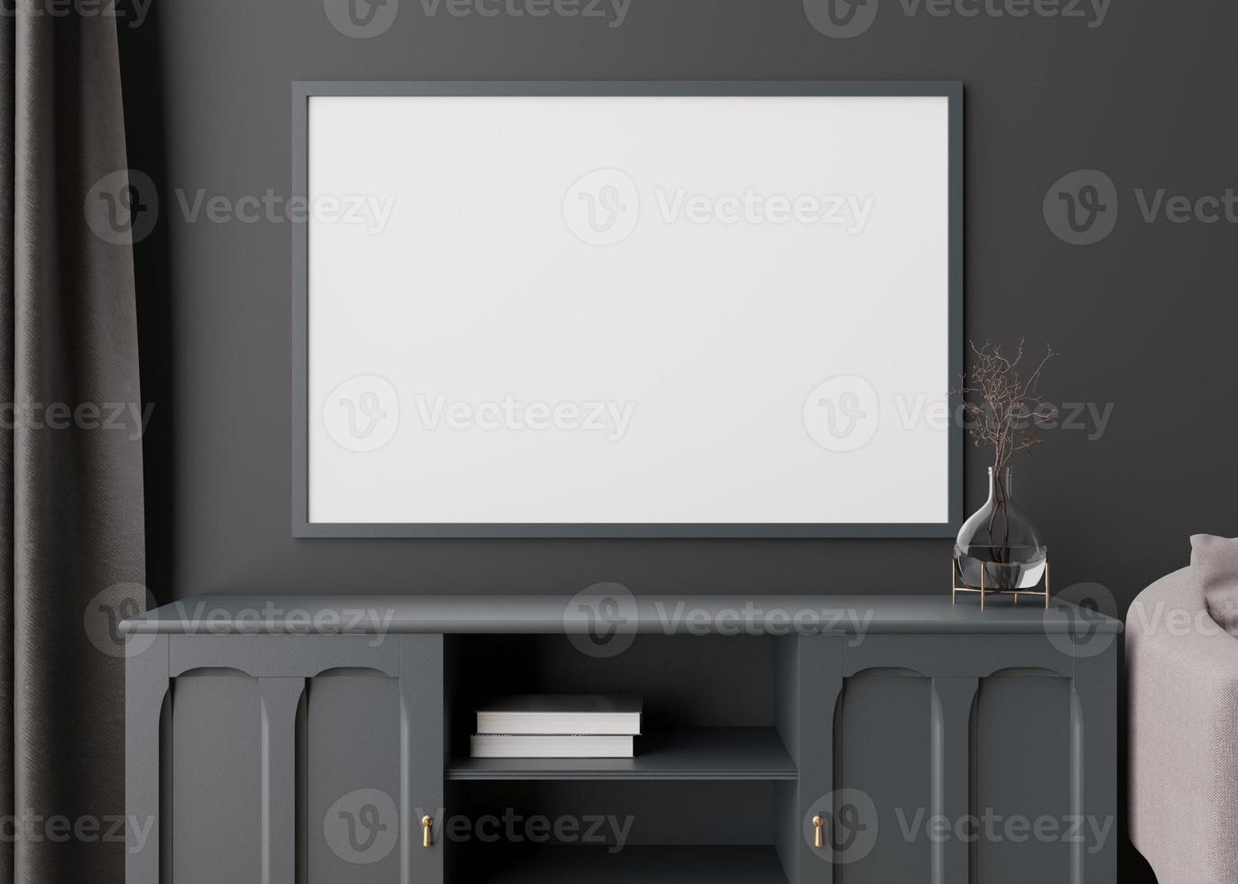 Empty horizontal picture frame on dark wall in modern living room. Mock up interior in contemporary style. Free, copy space for your picture, poster. Console, glass vase. 3D rendering. photo