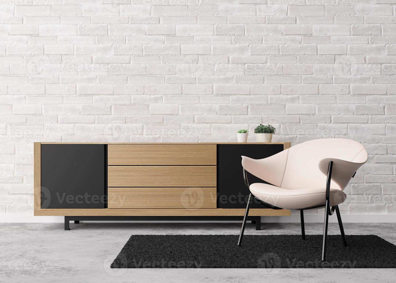 Empty white brick wall in modern living room. Mock up interior in contemporary style. Free space, copy space for your picture, text, or another design. Console, armchair. 3D rendering. photo