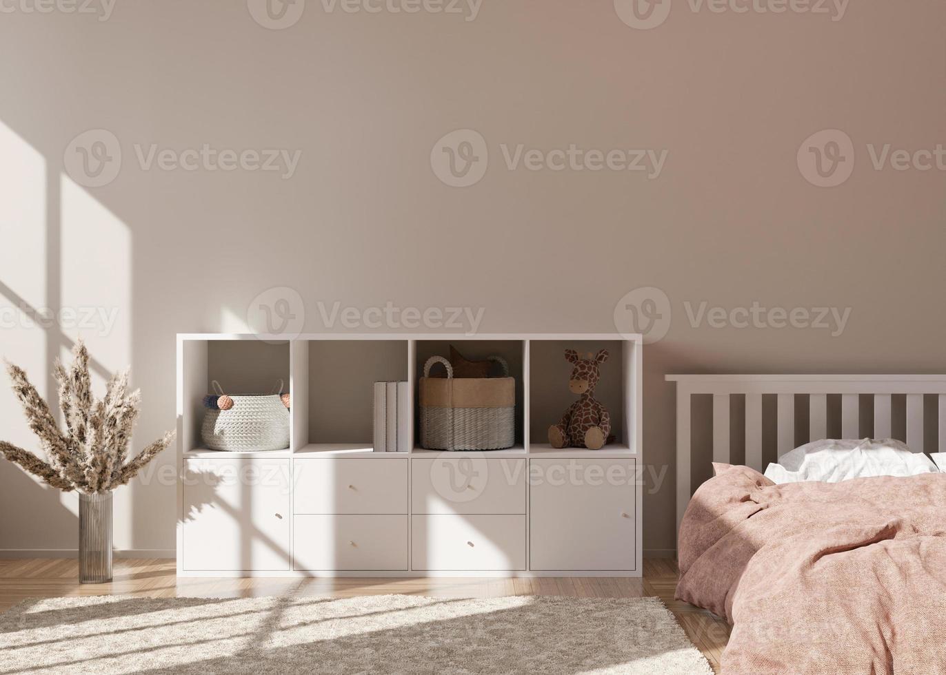 Empty cream wall in modern child room. Mock up interior in scandinavian style. Free, copy space for your picture, poster. Console, bed, vase with pampas grass, toys. Cozy room for kids. 3D rendering. photo