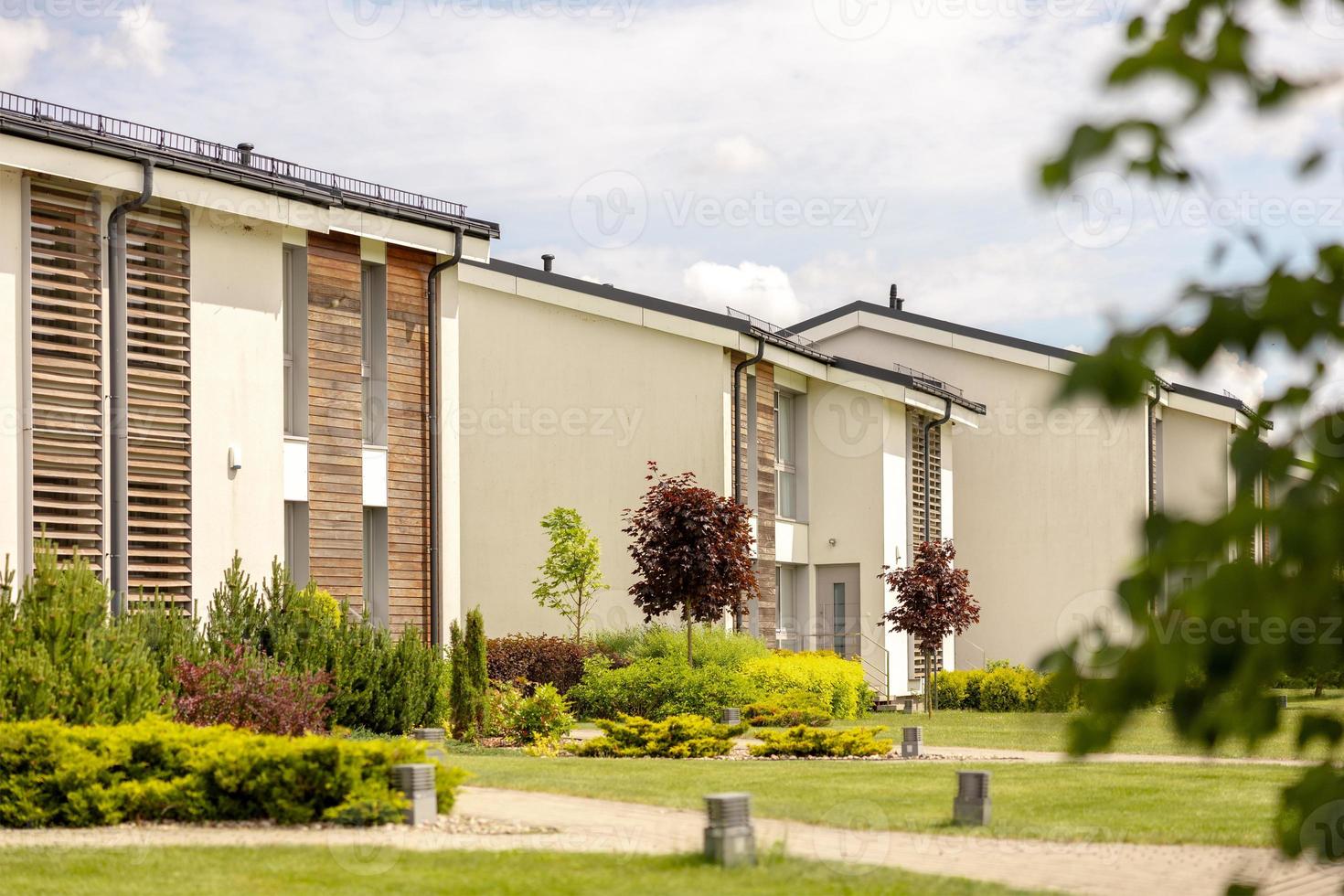 Row of modern cottages. Brand new row of single family houses. Modern design of urban living residences with private courtyards, sophisticated finishes, new development. Green outdoor facilities, lawn photo