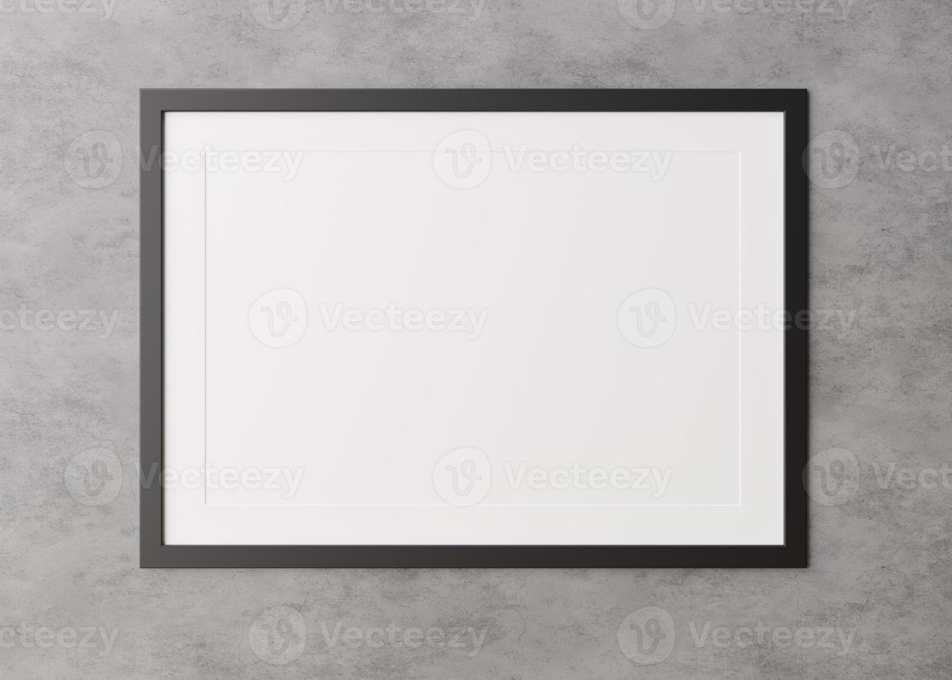 Blank, black horizontal picture frame hanging on concrete wall. Template, mock up for your picture or poster. Copy space. 3D rendering. photo