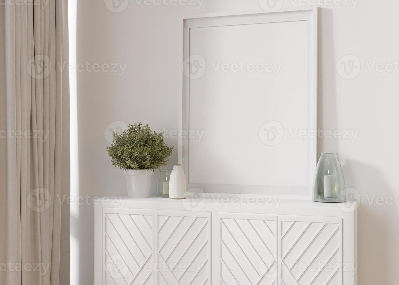 Empty vertical picture frame standing on white sideboard. Mock up interior in contemporary style. Free, copy space for picture, poster. Console, plant. Close up. 3D rendering. photo