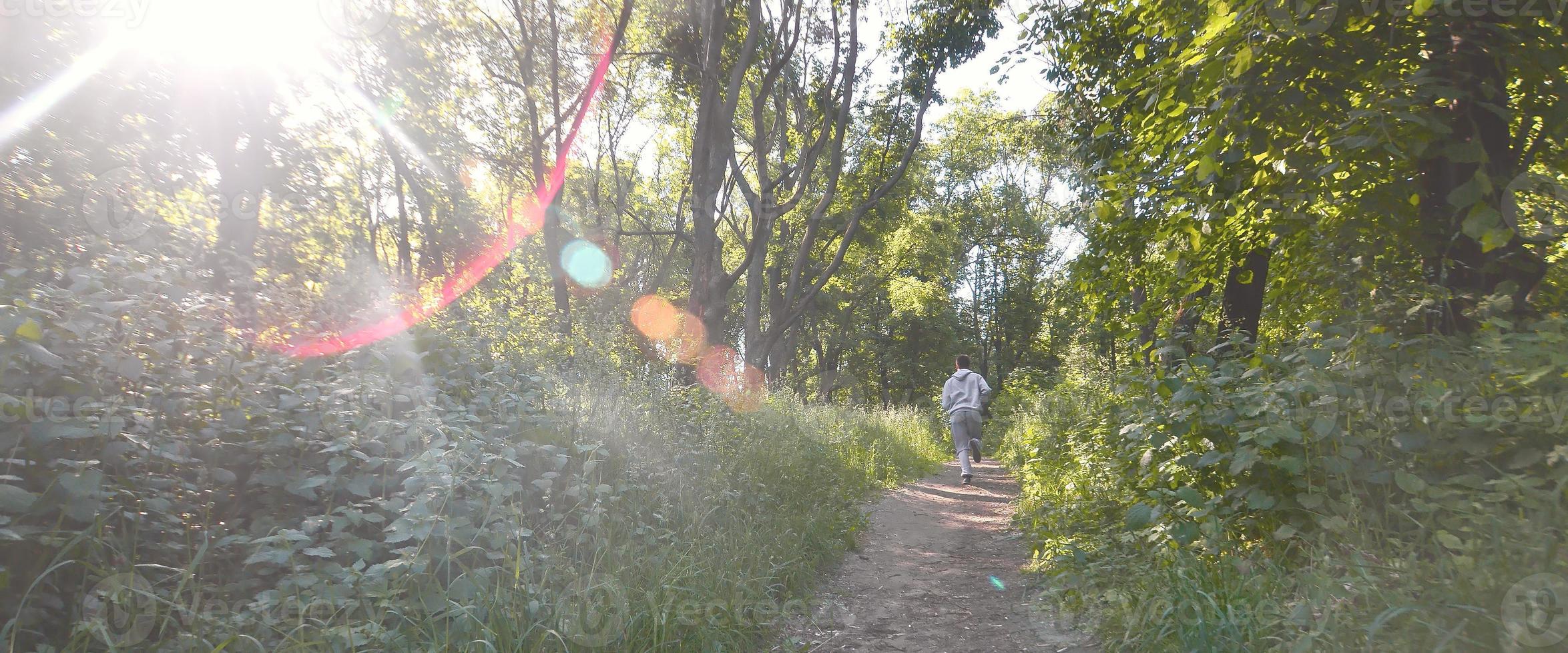 A young guy in a gray sports suit runs along the path among the photo