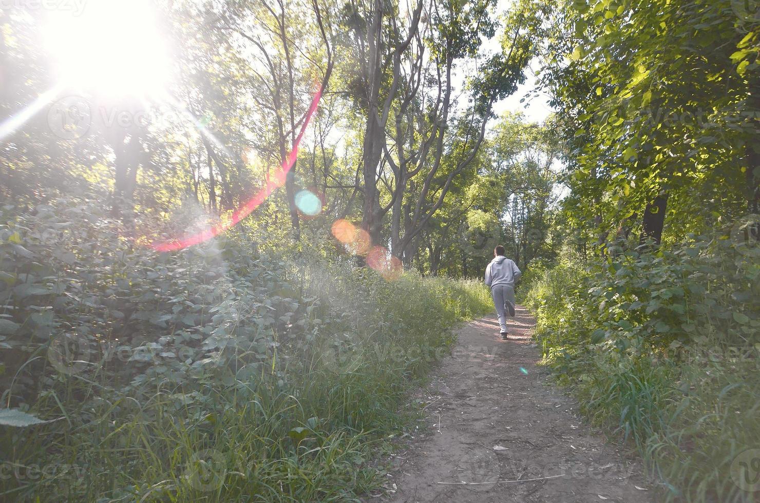 A young guy in a gray sports suit runs along the path among the photo