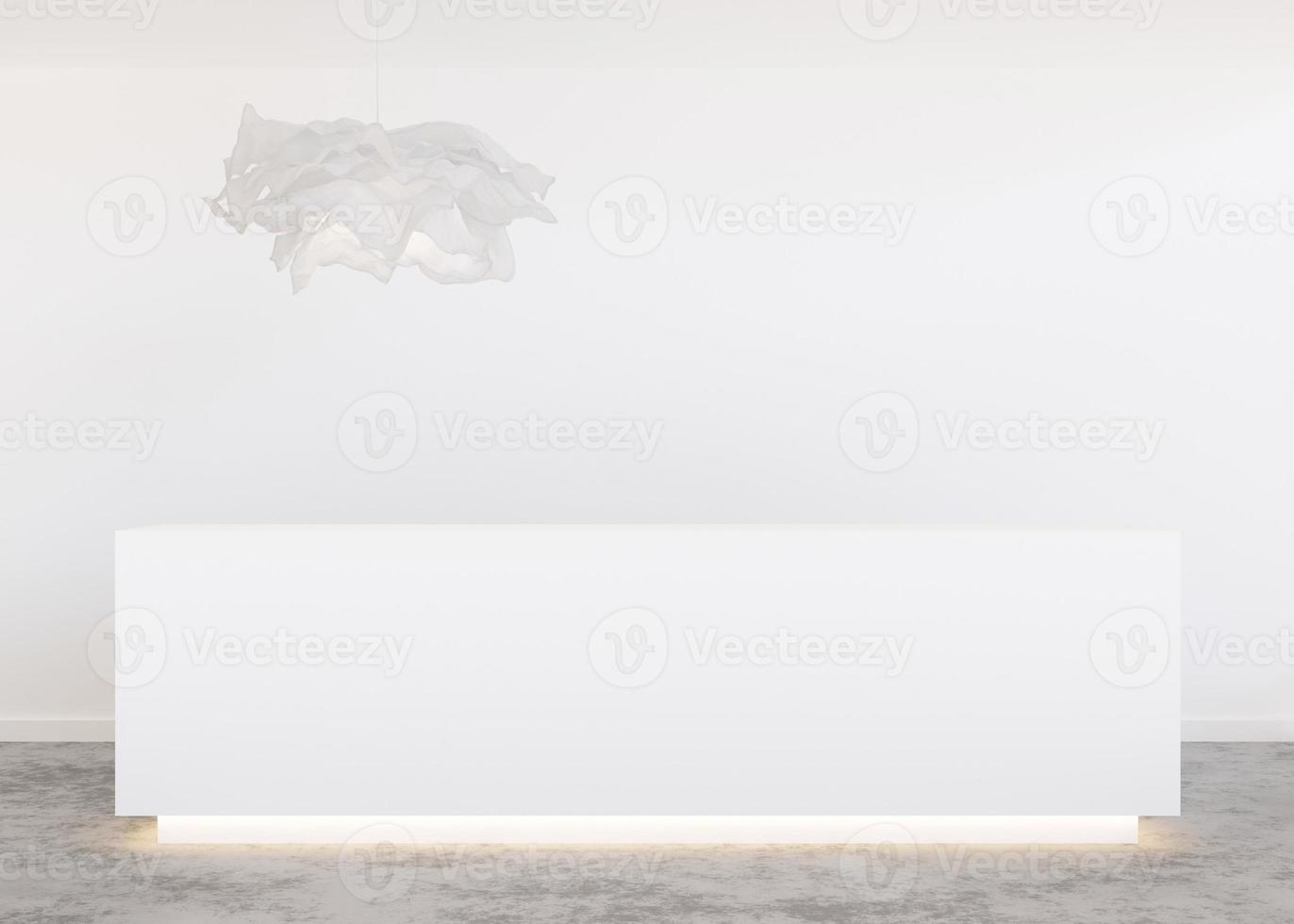 White reception counter in modern room with white walls. Blank registration desk in hotel, spa or office. Reception mock up with copy space for branding, logo. Contemporary style. 3D rendering. photo