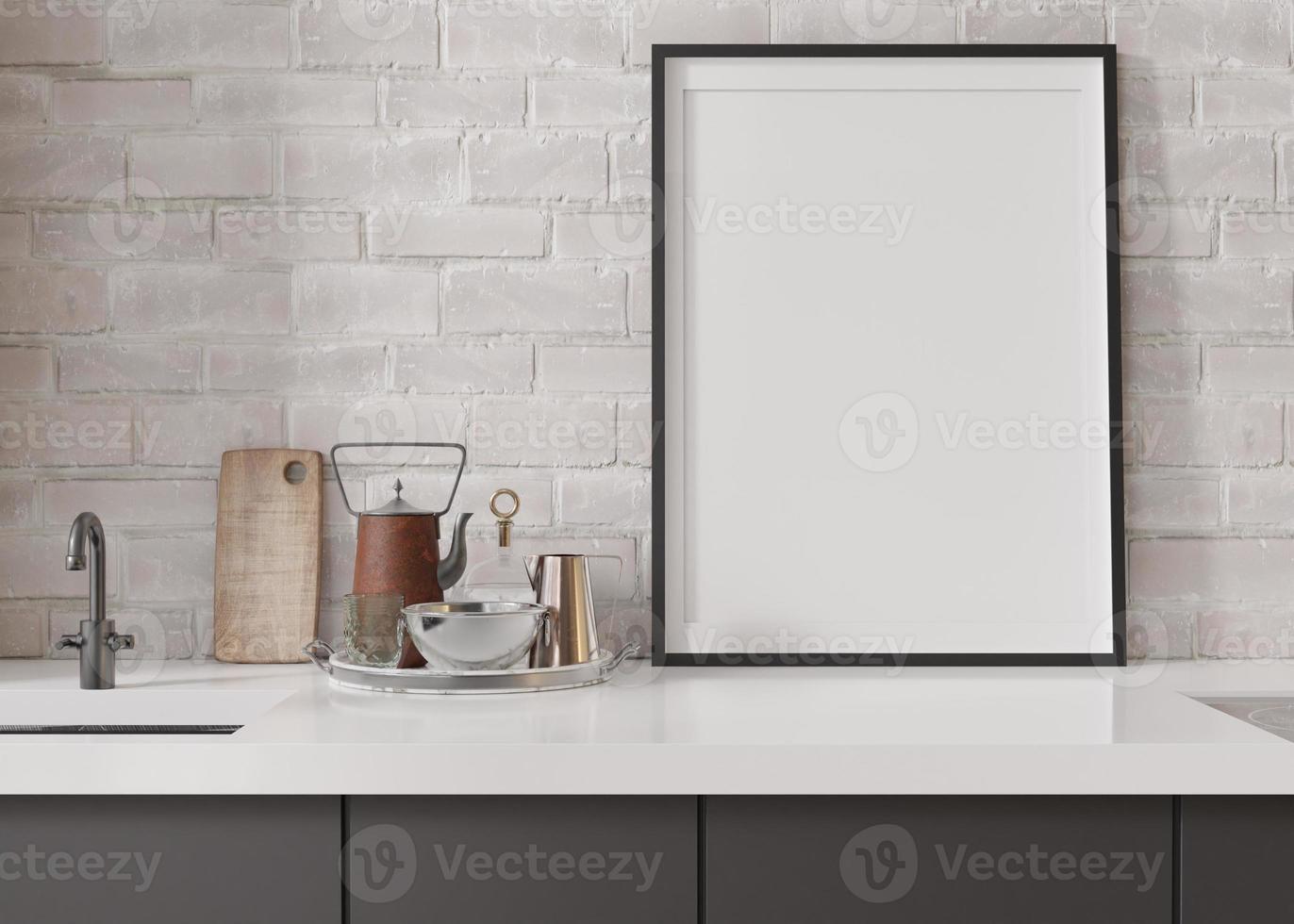 Empty vertical picture frame standing in modern kitchen. Mock up interior in minimalist, contemporary style. Free, copy space for your picture, poster. Close up view. 3D rendering. photo