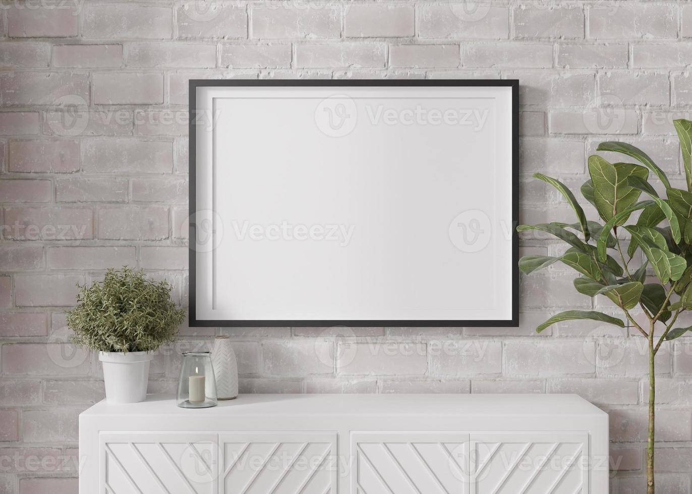 Empty horizontal picture frame on white brick wall in modern living room. Mock up interior in minimalist, contemporary style. Free space for your picture, poster. Console, candle, plant. 3D rendering. photo