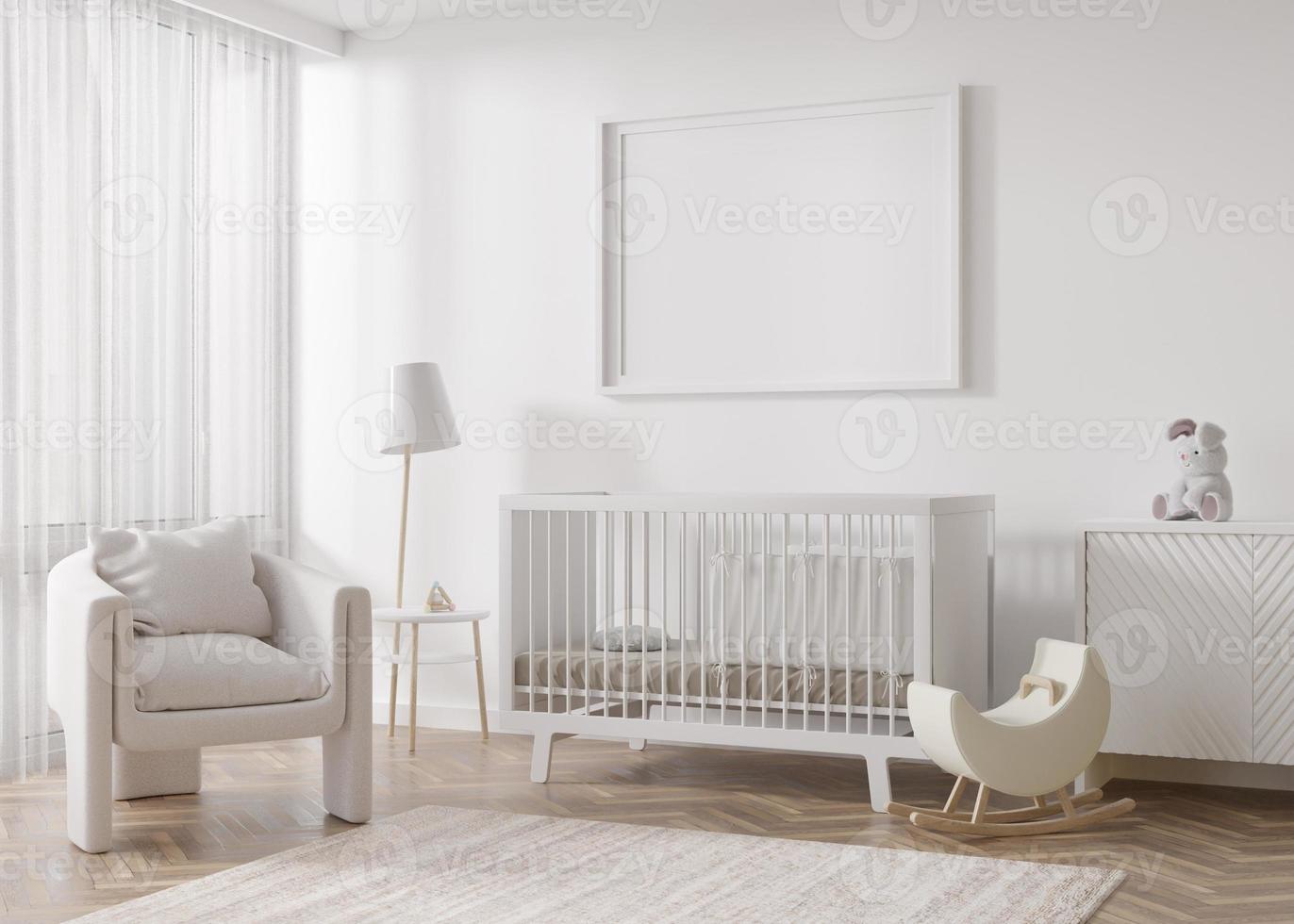 Empty horizontal picture frame on white wall in modern child room. Mock up interior in scandinavian style. Free, copy space for picture. Bed, armchair, toys. Cozy room for kids. 3D rendering. photo