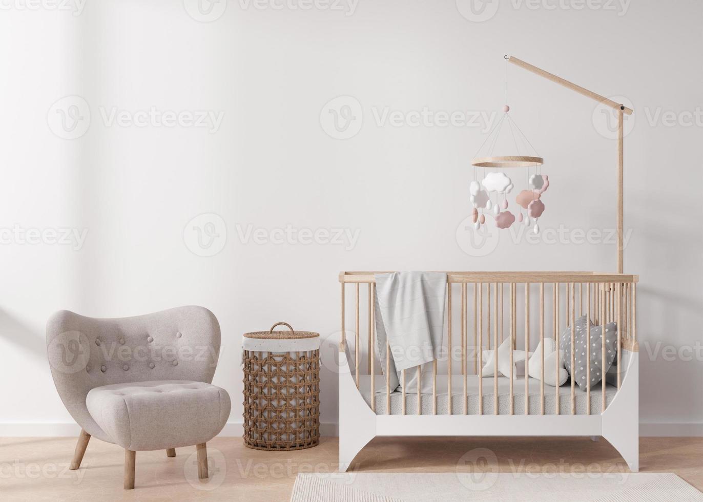 pared blanca vacía en la habitación infantil moderna. maqueta interior en estilo escandinavo. copie el espacio para su foto o póster. cama, sillón, cesta de mimbre. habitación acogedora para niños. representación 3d