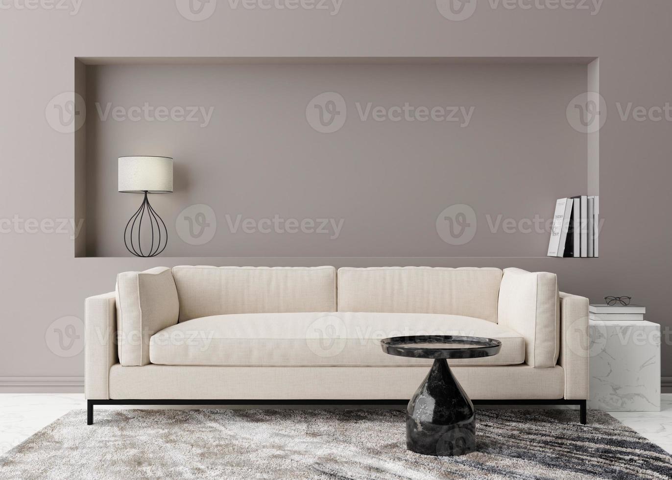 Empty grey wall in modern living room. Mock up interior in contemporary style. Free, copy space for your picture, text, or another design. Sofa, carpet, table. 3D rendering. photo