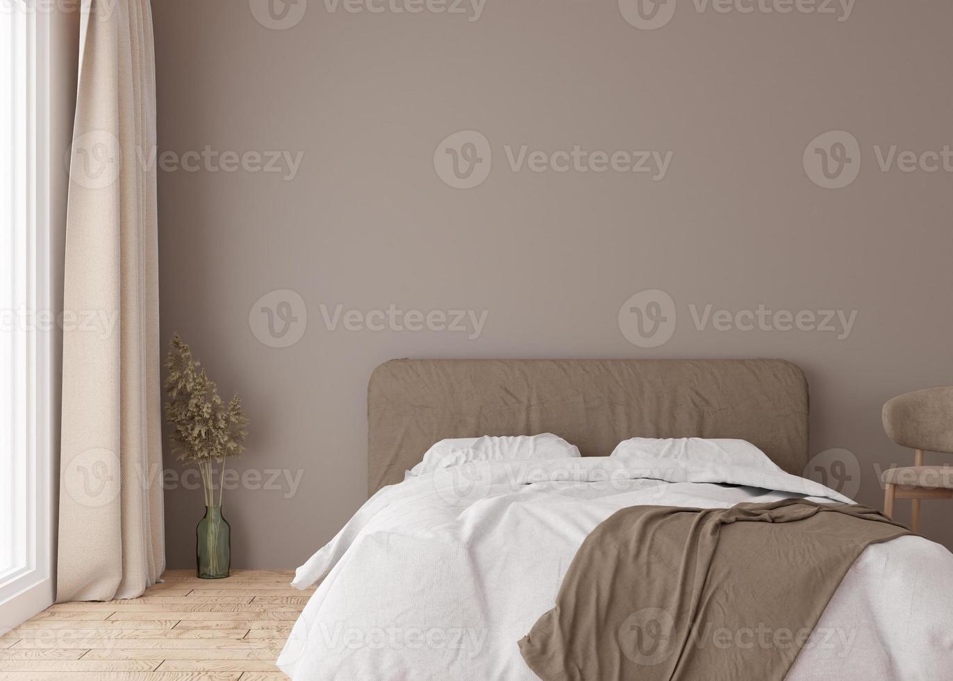 Empty brown wall in modern bedroom. Mock up interior in scandinavian, boho style. Free, copy space for your picture, text, or another design. Bed, pampas grass. 3D rendering. photo