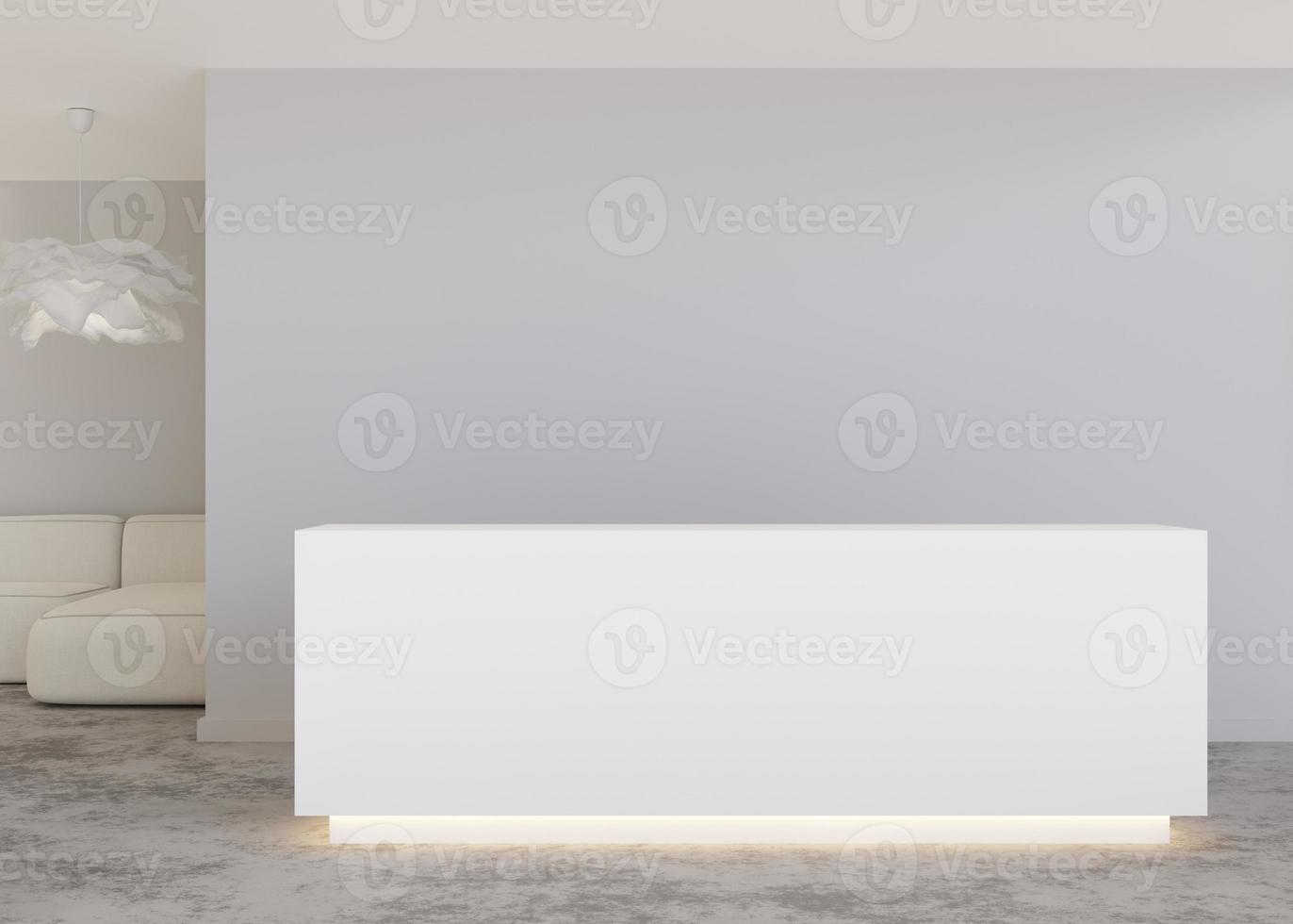 White reception counter in modern room with light gray walls. Blank registration desk in hotel, spa or office. Reception mock up with copy space for branding, logo. Contemporary style. 3D rendering. photo