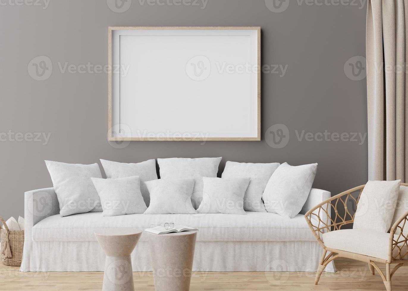 Empty horizontal picture frame on grey wall in modern living room. Mock up interior in scandinavian, boho style. Free, copy space for your picture, poster. Rattan armchair, sofa. 3D rendering. photo
