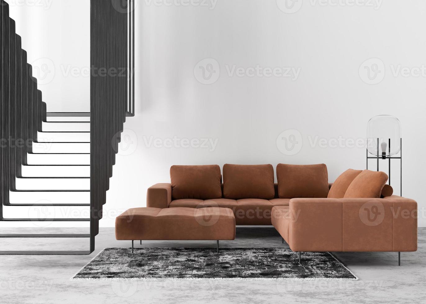 Empty white wall in modern living room. Mock up interior in contemporary, loft style. Free, copy space for your picture, text, or another design. Sofa, lamp, carpet, stairs. 3D rendering. photo