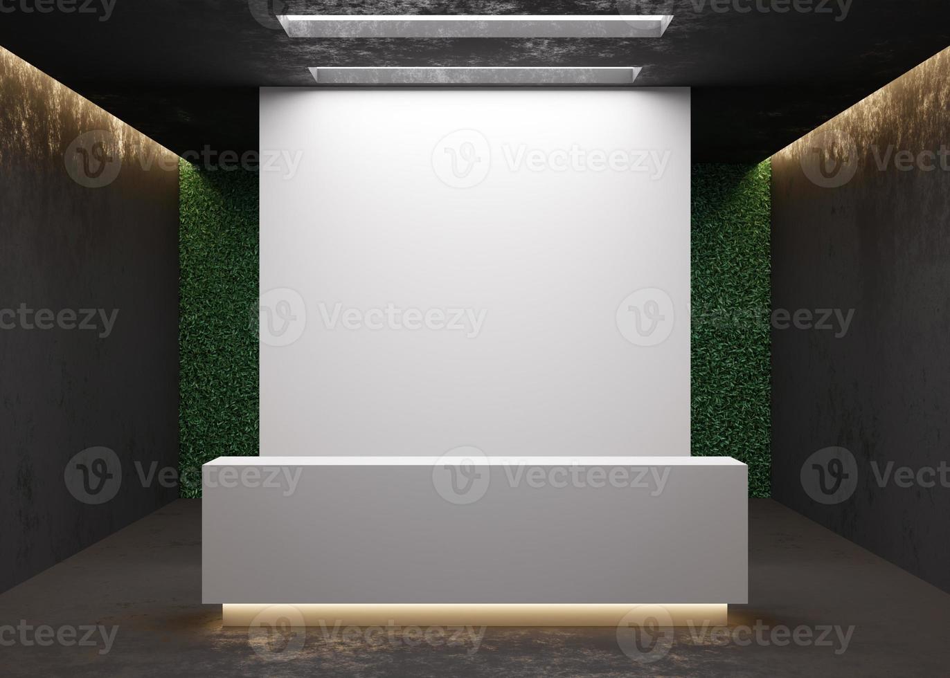 White reception counter in modern room with dark walls. Blank registration desk in hotel, spa or office. Reception mock up with copy space for branding, logo. Contemporary style. 3D rendering. photo
