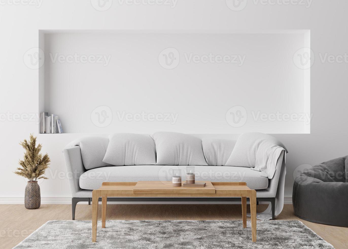 Empty white wall in modern living room. Mock up interior in scandinavian style. Free, copy space for your picture, text, or another design. Sofa, dried grass in vase, wooden table. 3D rendering. photo