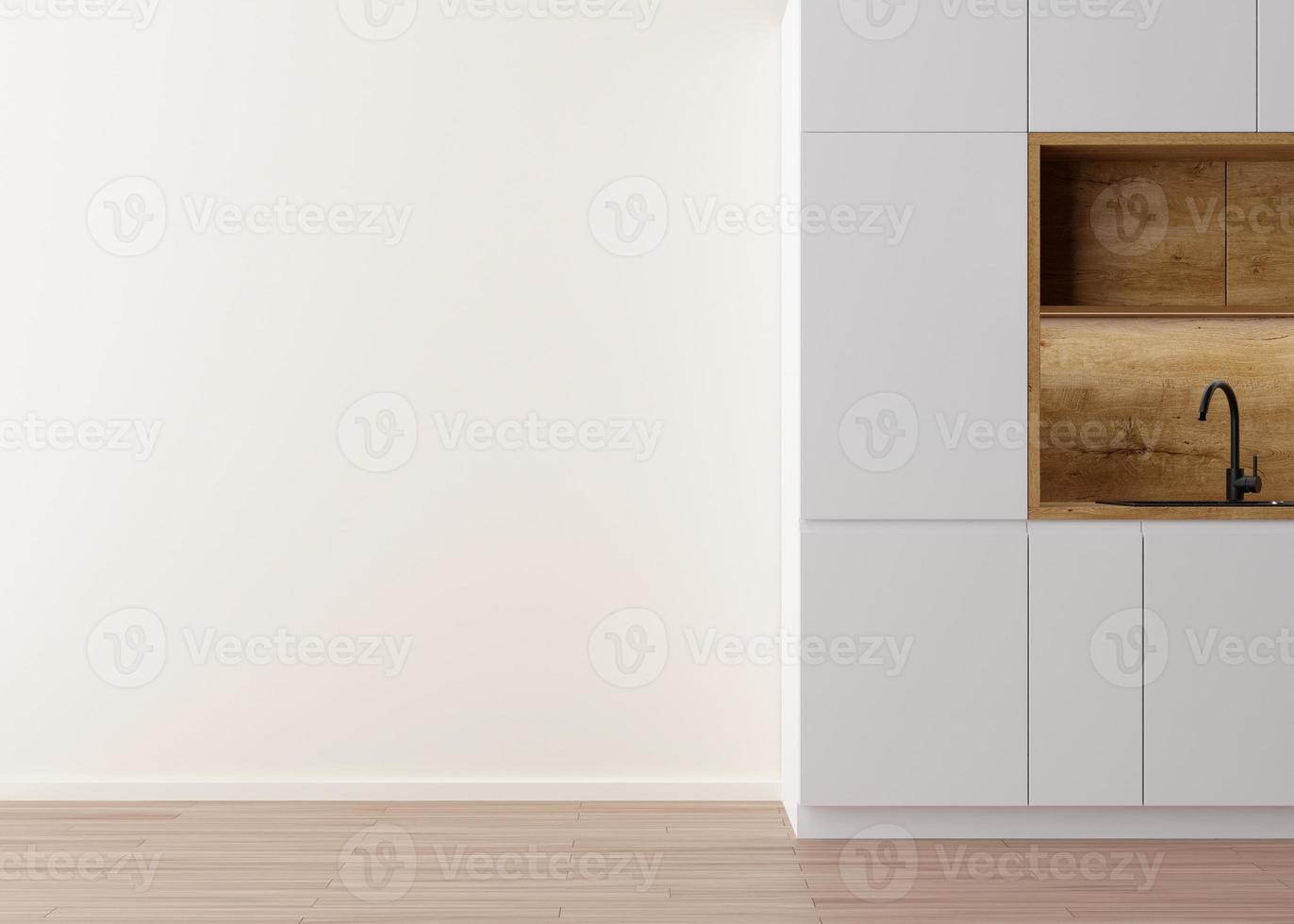Room with parquet floor, white wall and empty space. Kitchen furniture. Mock up interior. Free, copy space for your furniture, picture, decoration and other objects. 3D rendering. photo