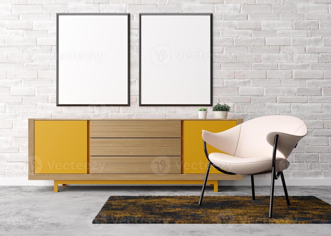 dos marcos verticales vacíos en la pared de ladrillo blanco en la sala de estar moderna. maqueta interior en estilo contemporáneo. espacio libre para imagen, póster. sillón, aparador amarillo, plantas. representación 3d foto