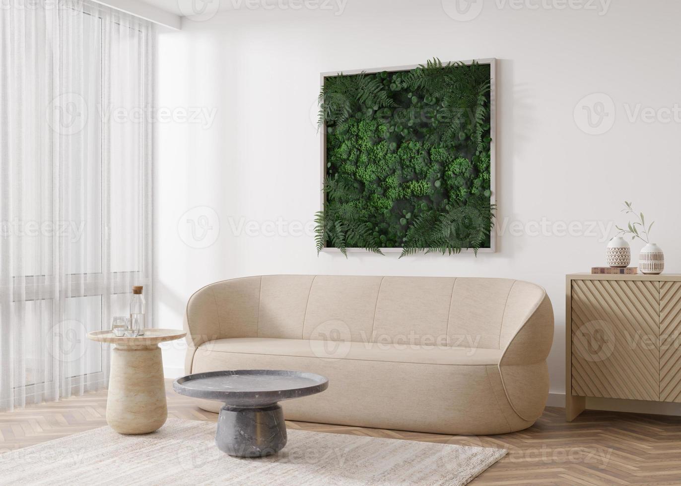 Stabilized moss hanging on the wall in modern interior. Panel of green moss. Beautiful square decoration element, made of stabilized plants, grass, moss, fern and green leaves. 3d rendering. photo