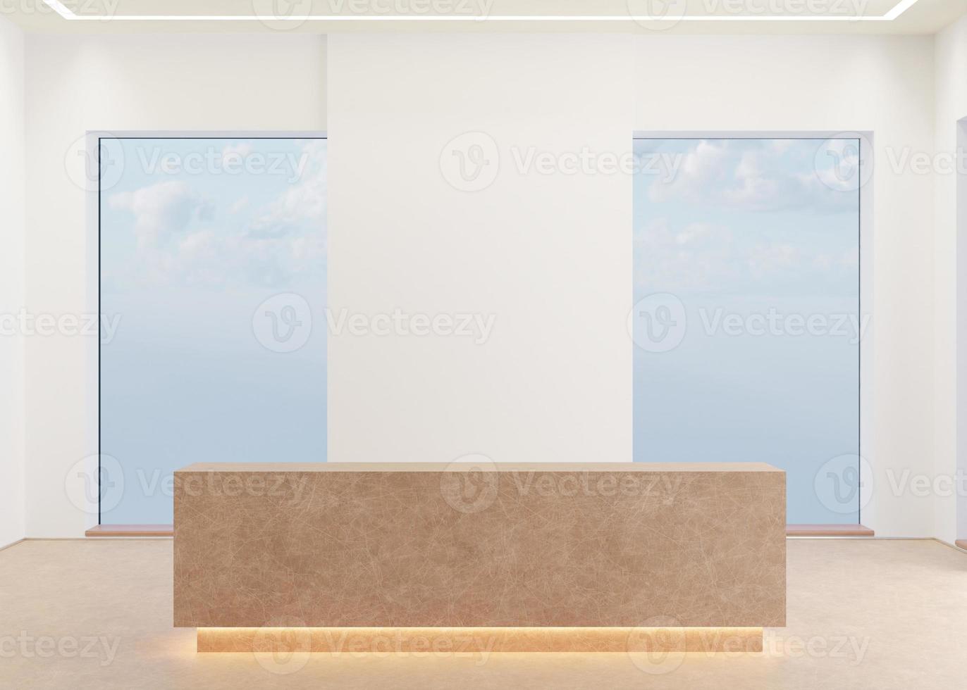 White reception counter in modern room with white walls and panoramic windows. Blank registration desk in hotel or office. Reception mock up with copy space for branding, logo. 3D rendering. photo
