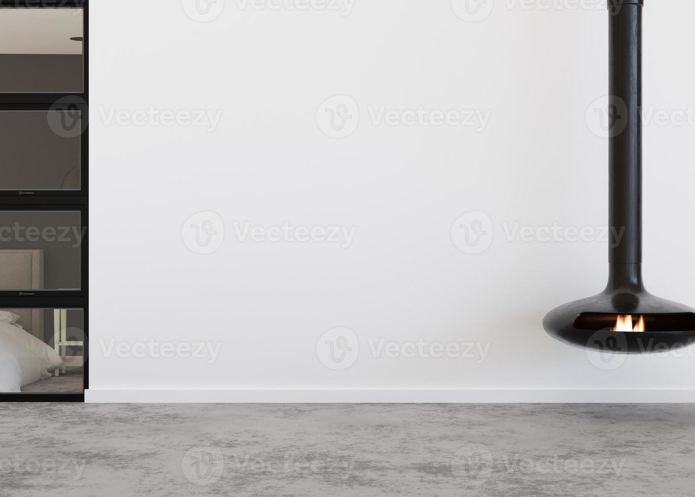 Empty room, white wall and concrete floor. Only wall, floor and fireplace. Mock up interior. Free, copy space for your furniture, picture, decoration and other objects. 3D rendering. photo