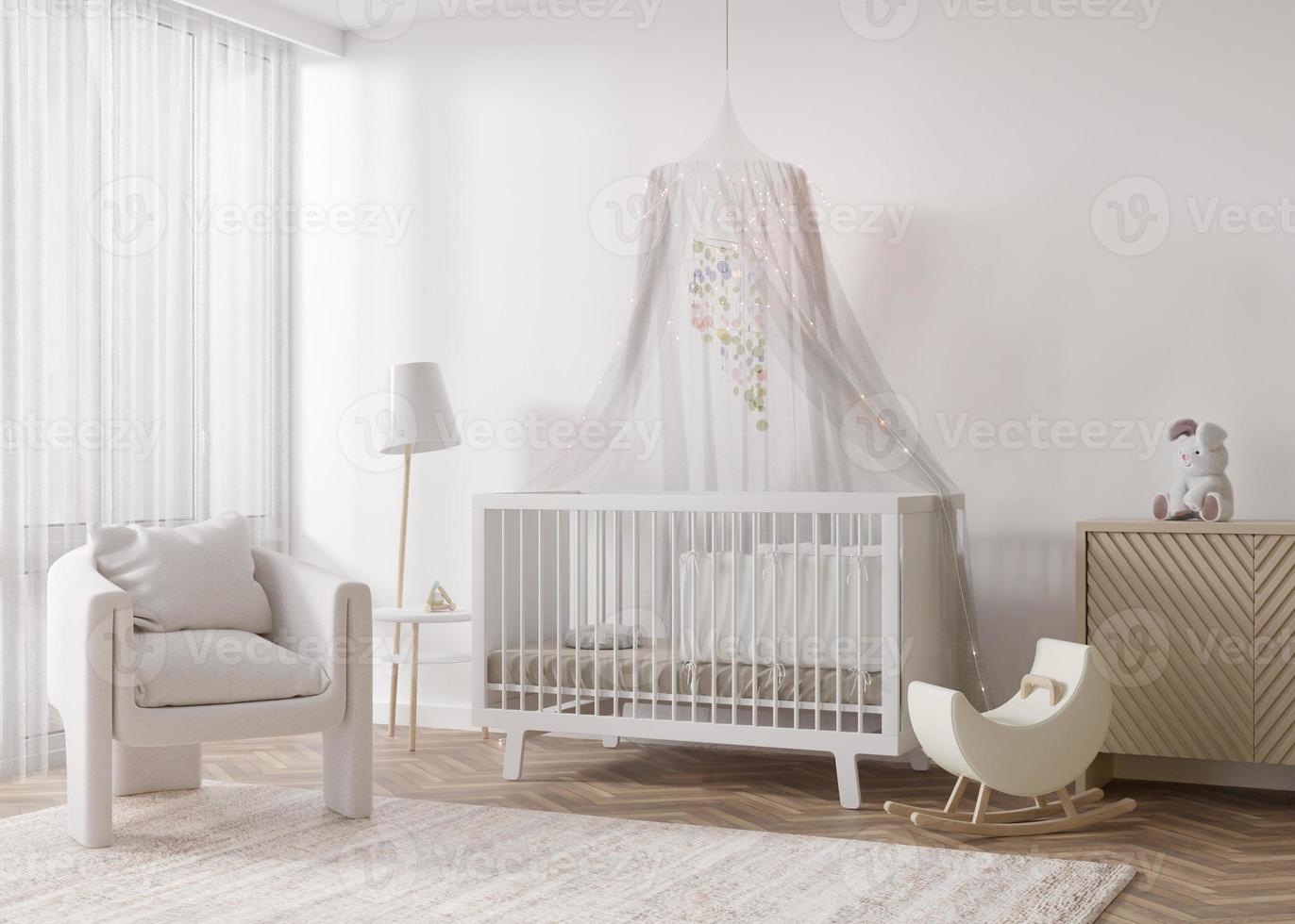 Modern and cozy child room. Interior in scandinavian style. Baby bed, armchair, toys, white walls. Light room for kids. 3D rendering. photo