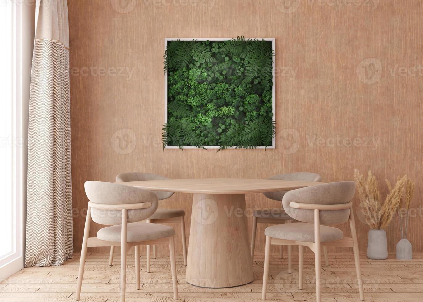 Stabilized moss hanging on the wall in modern interior. Panel of green moss. Beautiful square decoration element, made of stabilized plants, grass, moss, fern and green leaves. 3d rendering. photo