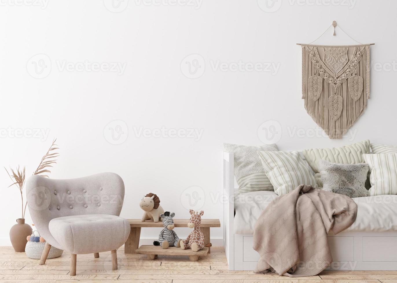 Empty white wall in modern child room. Mock up interior in scandinavian, boho style. Free, copy space for your picture, poster. Bed, dried grass, vase, macrame, toys. Cozy room for kids. 3D rendering. photo