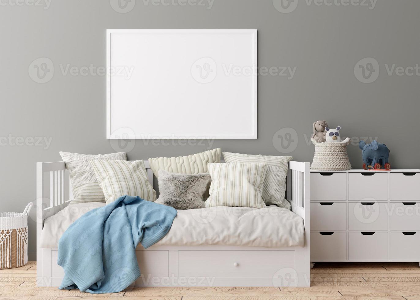 Empty horizontal picture frame on gray wall in modern child room. Mock up interior in scandinavian style. Free, copy space for your picture. Bed, console, toys. Cozy room for kids. 3D rendering. photo