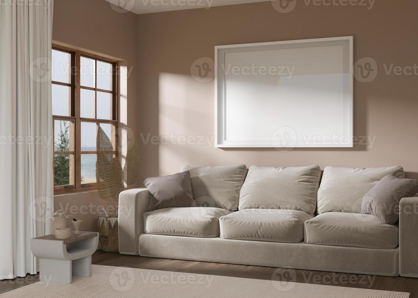 Empty horizontal picture frame on brown wall in modern living room. Mock up interior in contemporary style. Free, copy space for your picture, poster. Sofa, carpet. 3D rendering. photo