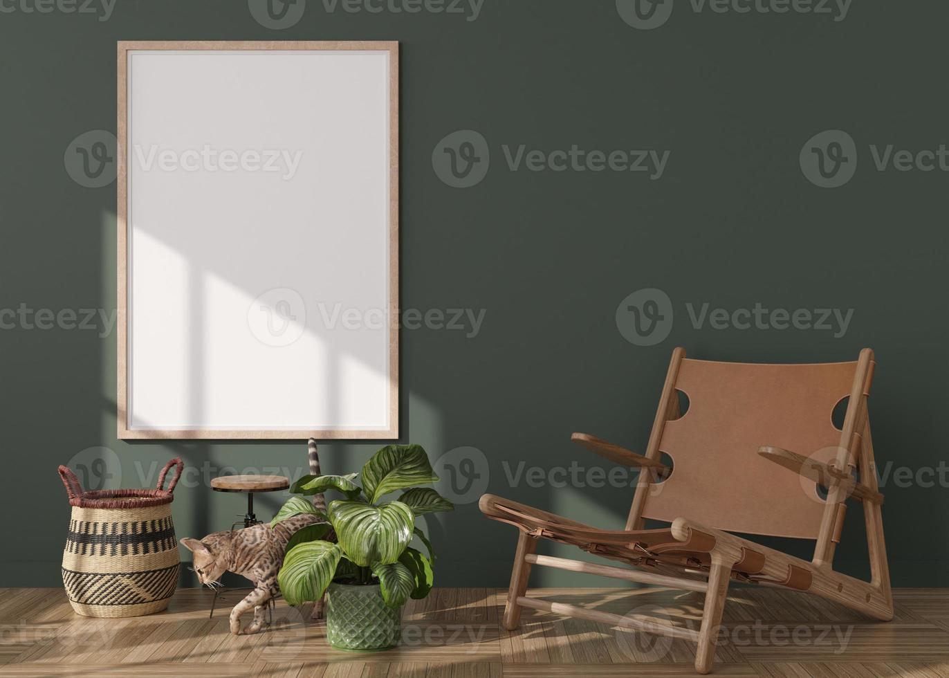 Empty vertical picture frame on green wall in modern living room. Mock up interior in boho style. Free, copy space for your picture, poster. Armchair, rattan basket, plant. 3D rendering. photo