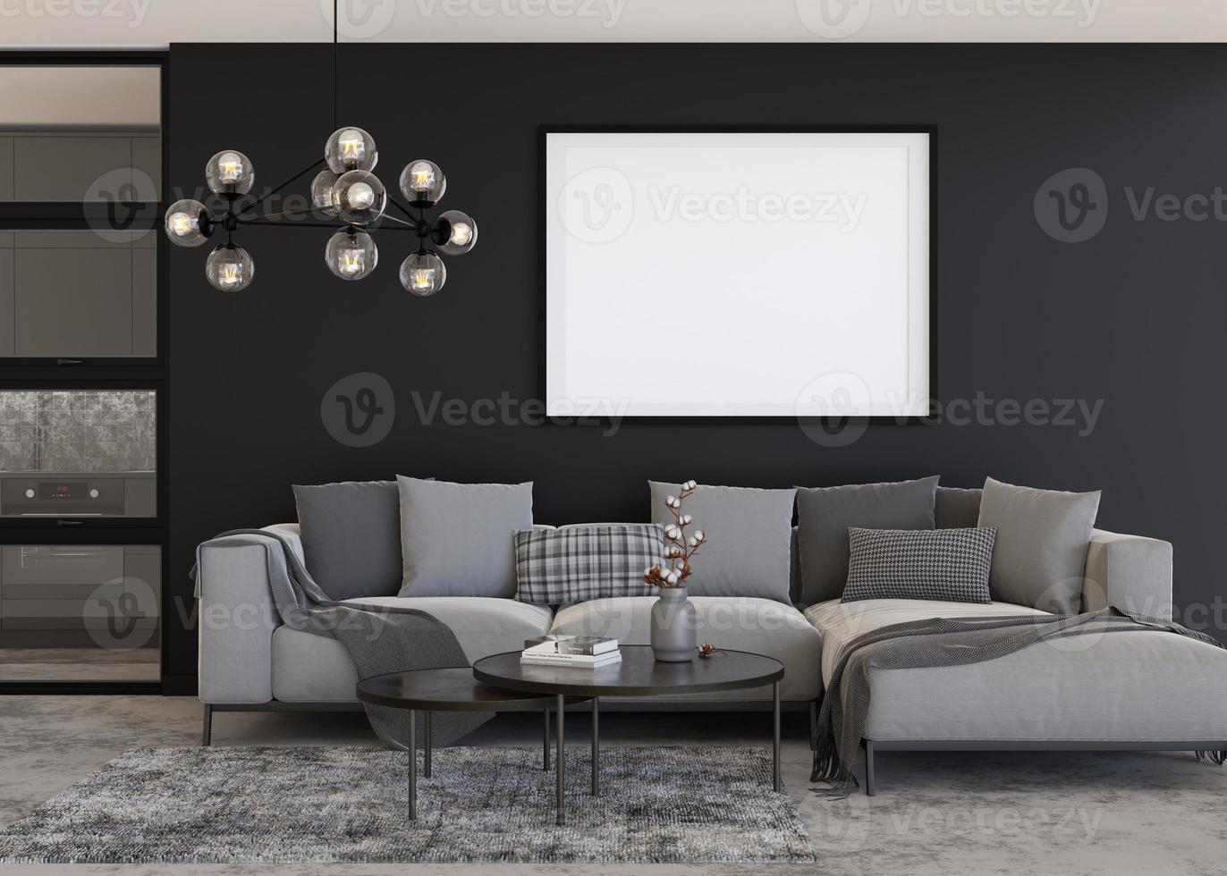 Empty horizontal picture frame on black wall in modern living room. Mock up interior in contemporary, loft style. Free, copy space for your picture, poster. Sofa, carpet, lamp. 3D rendering. photo