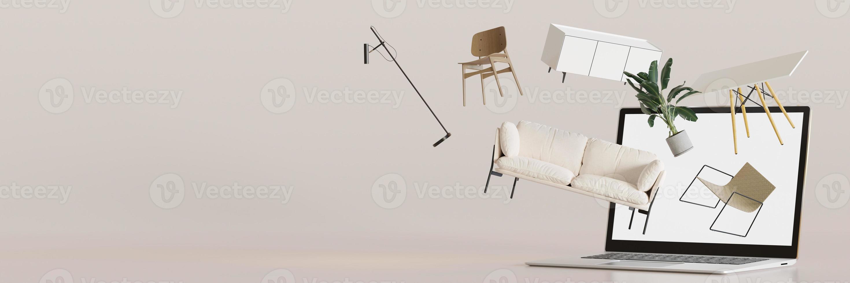 Laptop with flying furniture. Shopping online. Furniture shop, interior details. Furnishings sale or interior project. Buy sofa, table via internet. E-commerce. Banner with copy space. 3d render. photo