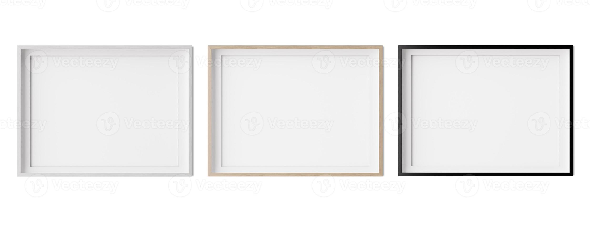 Set of horizontal picture frames isolated on white background. White, wooden and black frames with white paper border inside. Template, mockup for your picture or poster. 3d rendering. photo