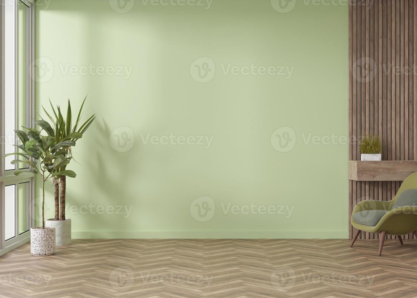 Room with parquet floor, green wall and empty space. Armchair, plants