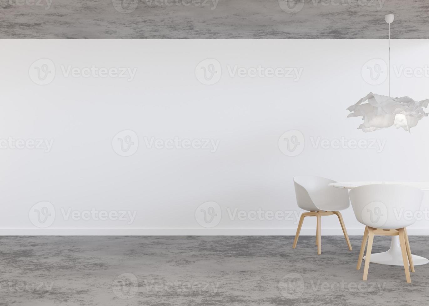 Room with concrete floor, white wall and empty space. Table with chairs. Mock up interior. Free, copy space for your furniture, picture, decoration and other objects. 3D rendering. photo