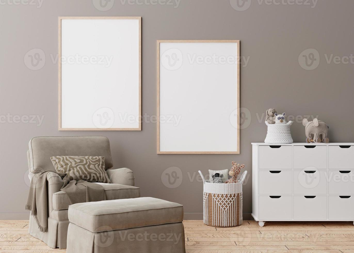 Two empty vertical picture frames on brown wall in modern child room. Mock up interior in scandinavian style. Free, copy space for your picture. Armchair, toys. Cozy room for kids. 3D rendering. photo