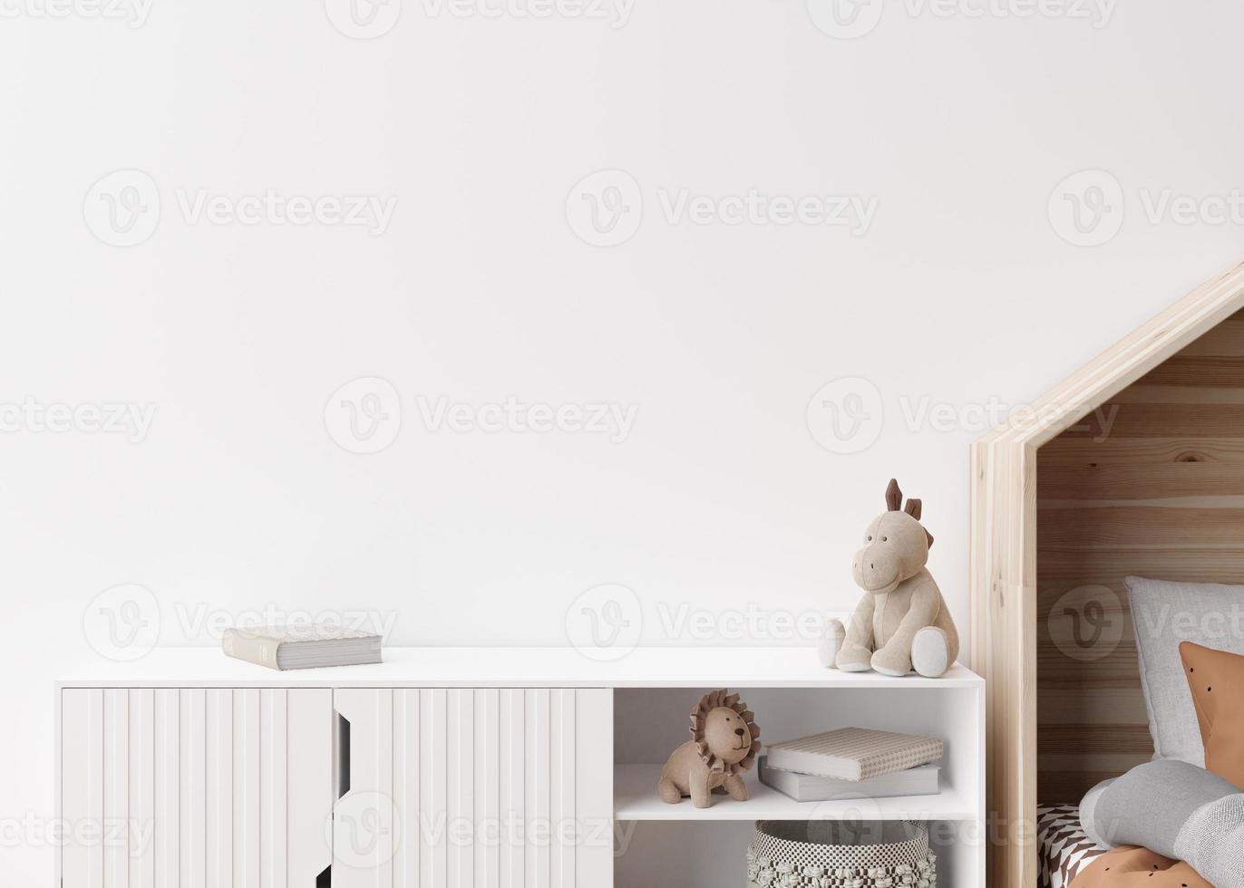Empty white wall in modern child room. Mock up interior in scandinavian style. Copy space for your picture or poster. Bed, sideboard, toys. Cozy room for kids. 3D rendering. photo