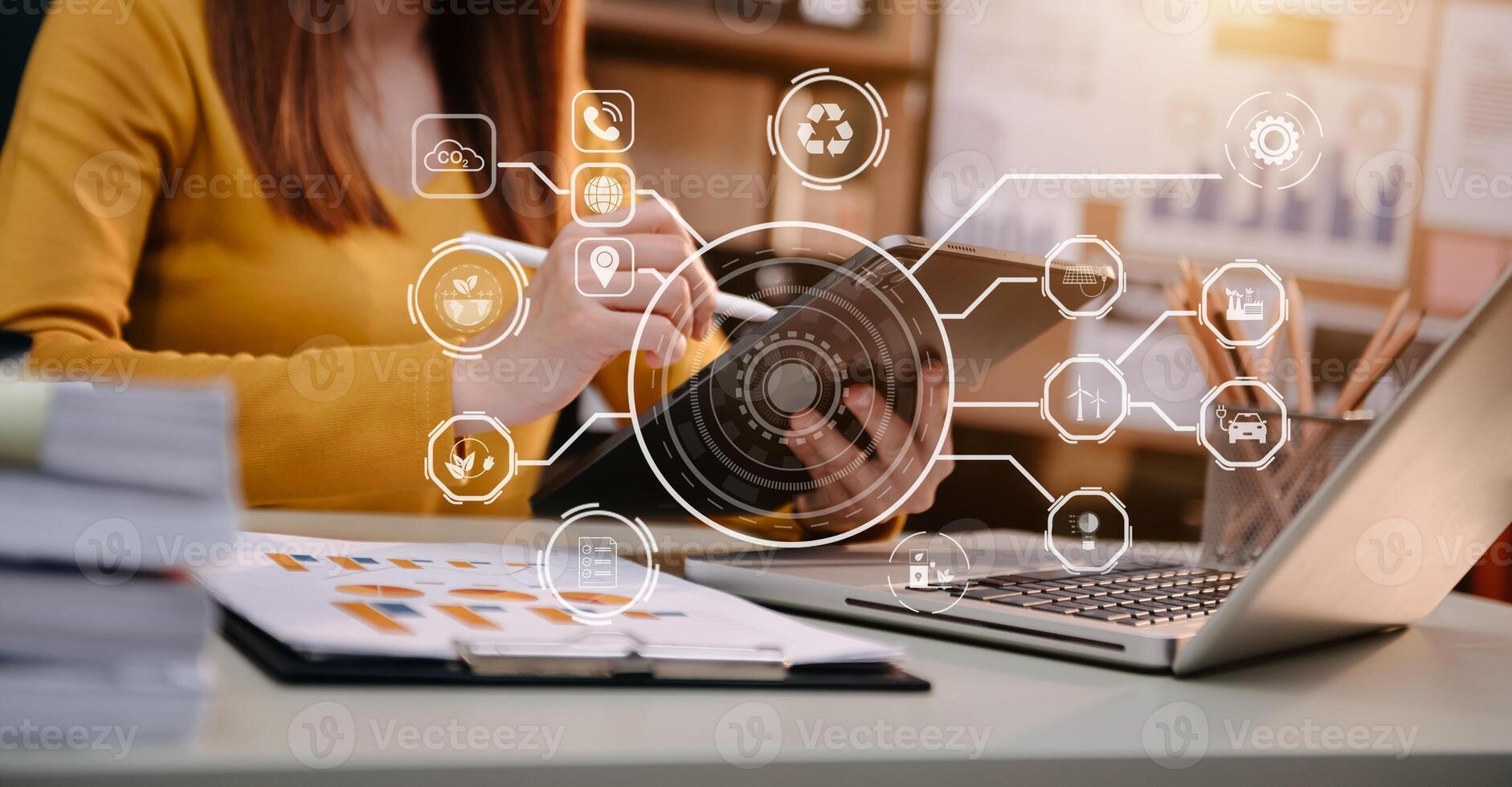 Business team working virtual modern smartphone to reduce CO2 emissions carbon footprint climate change to limit global warming.Sustainable development and green business concept. photo