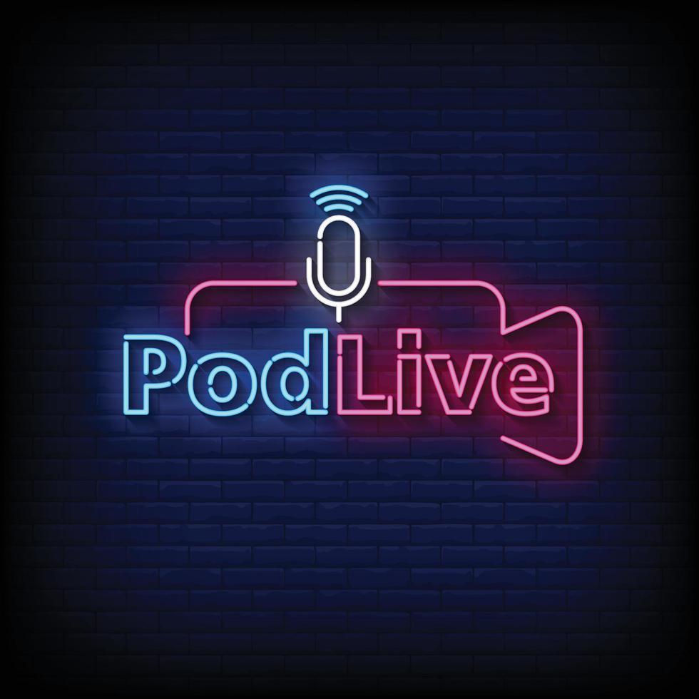 neon sign podcast live with brick wall background vector illustration