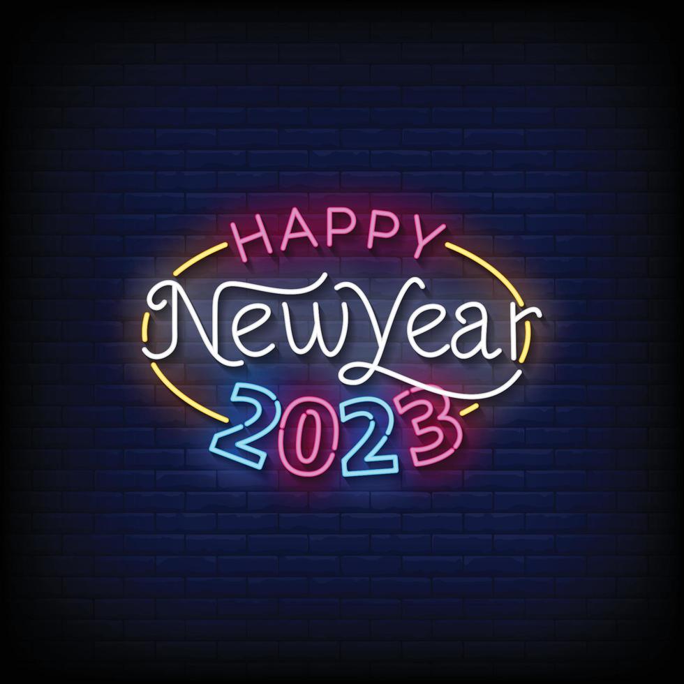 Neon Sign happy new year 2023 with brick wall background vector