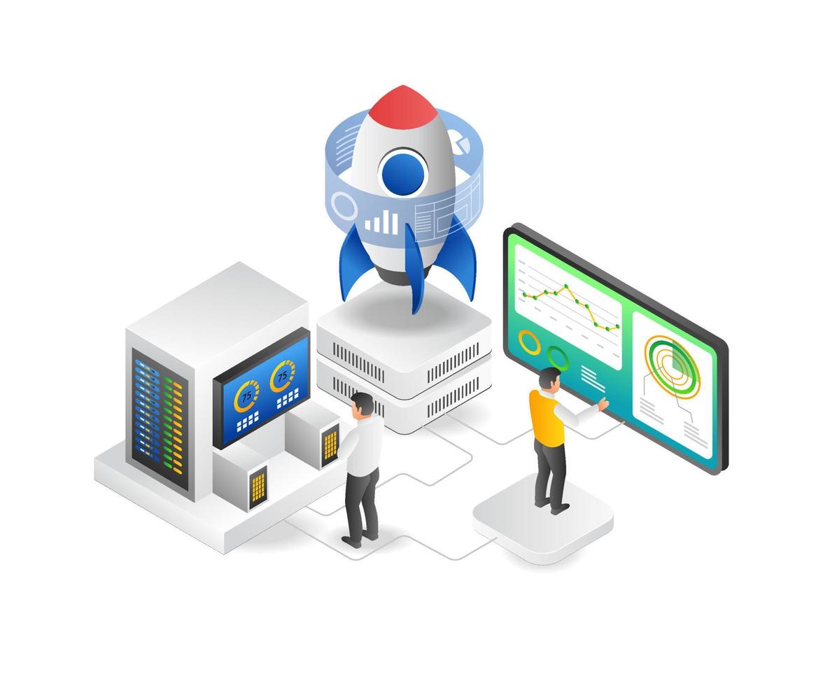 Flat isometric illustration concept of team looking at rocket launch analysis vector