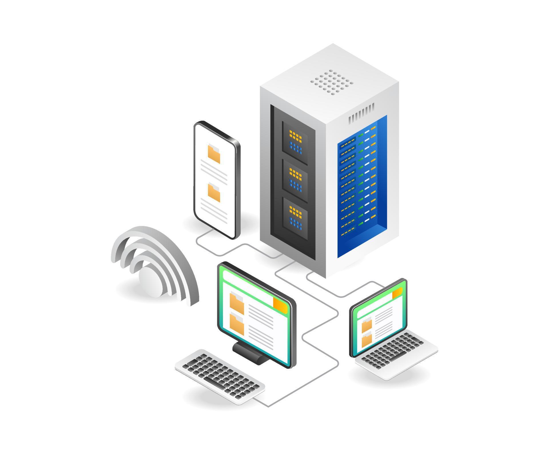 Flat isometric illustration of application data server network concept ...