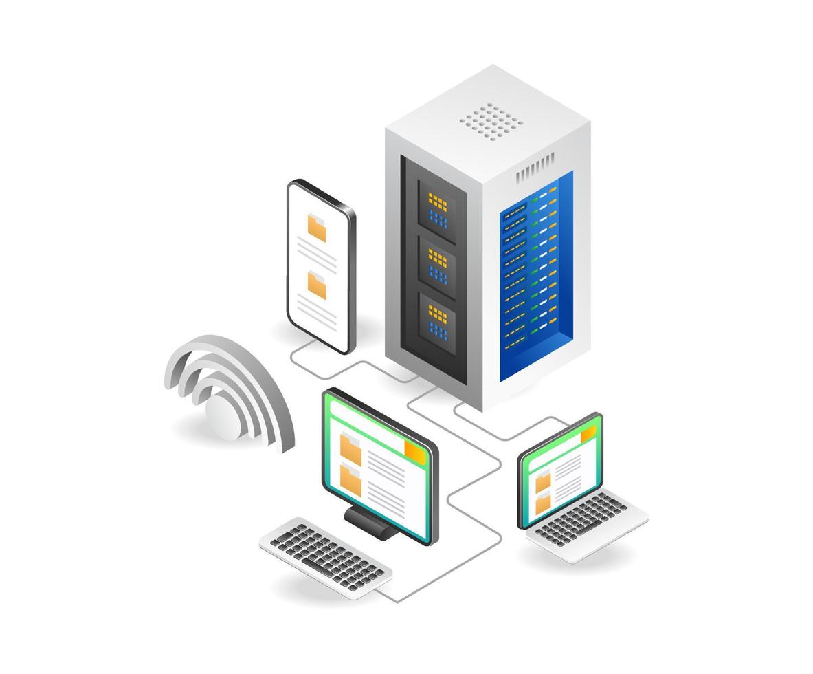 Flat isometric illustration of application data server network concept vector