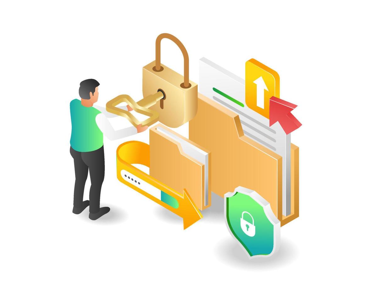 Flat isometric illustration concept of man locking folder for security vector