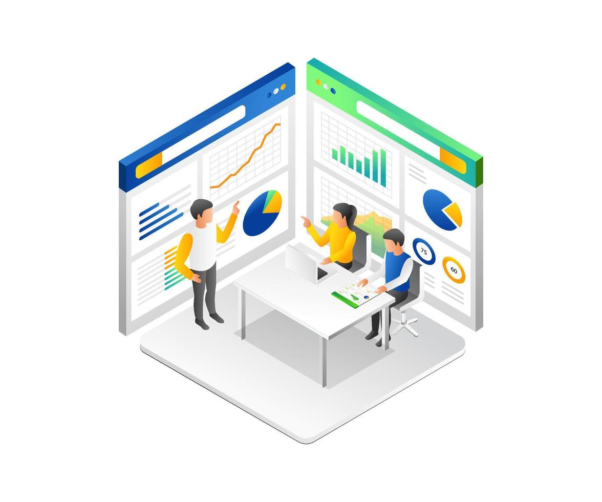 concepto de ilustración isométrica plana del equipo que analiza datos comerciales vector